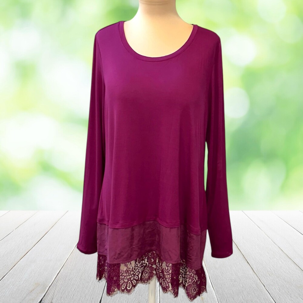 LOGO LORI GOLDSTEIN Tunic Top Lace Hem Tiered Faux Suede Wine Long Sleeve Size L